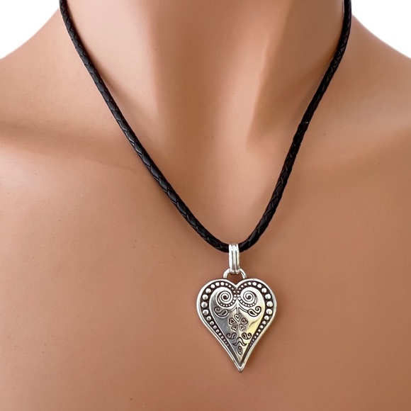 BRIGHTON Heart Necklace - Black Leather Cord 16.5”-18” silver plated heart. - Picture 2 of 5